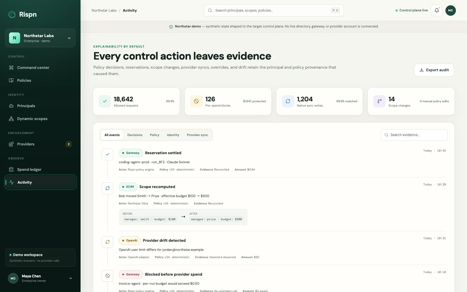 Rispn product preview showing enterprise AI activity, ownership, policy decisions, and areas needing attention.