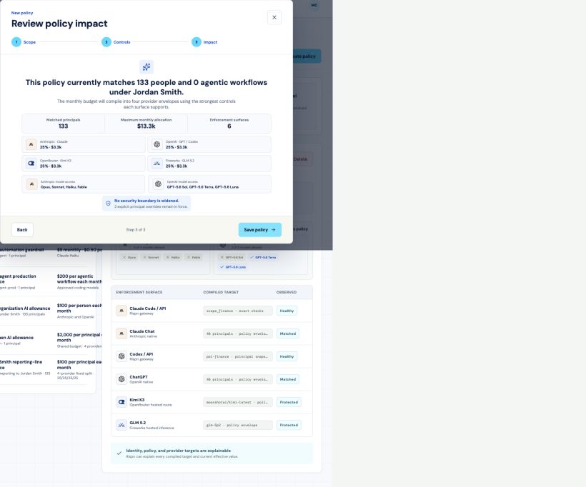 Rispn policy impact preview showing people and workloads covered before activation.