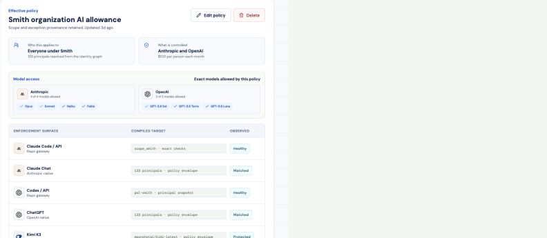 Rispn reporting-line policy with 133 people and a monthly limit of 100 dollars per person.