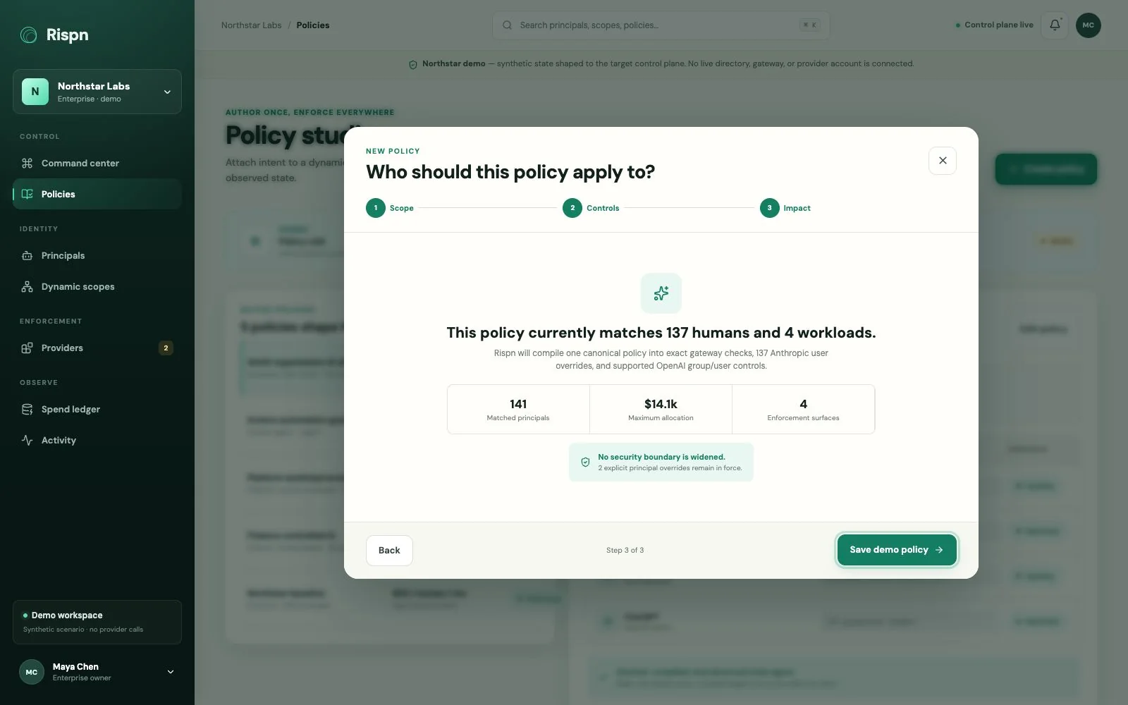 Rispn product preview showing the business impact of an enterprise AI policy change.